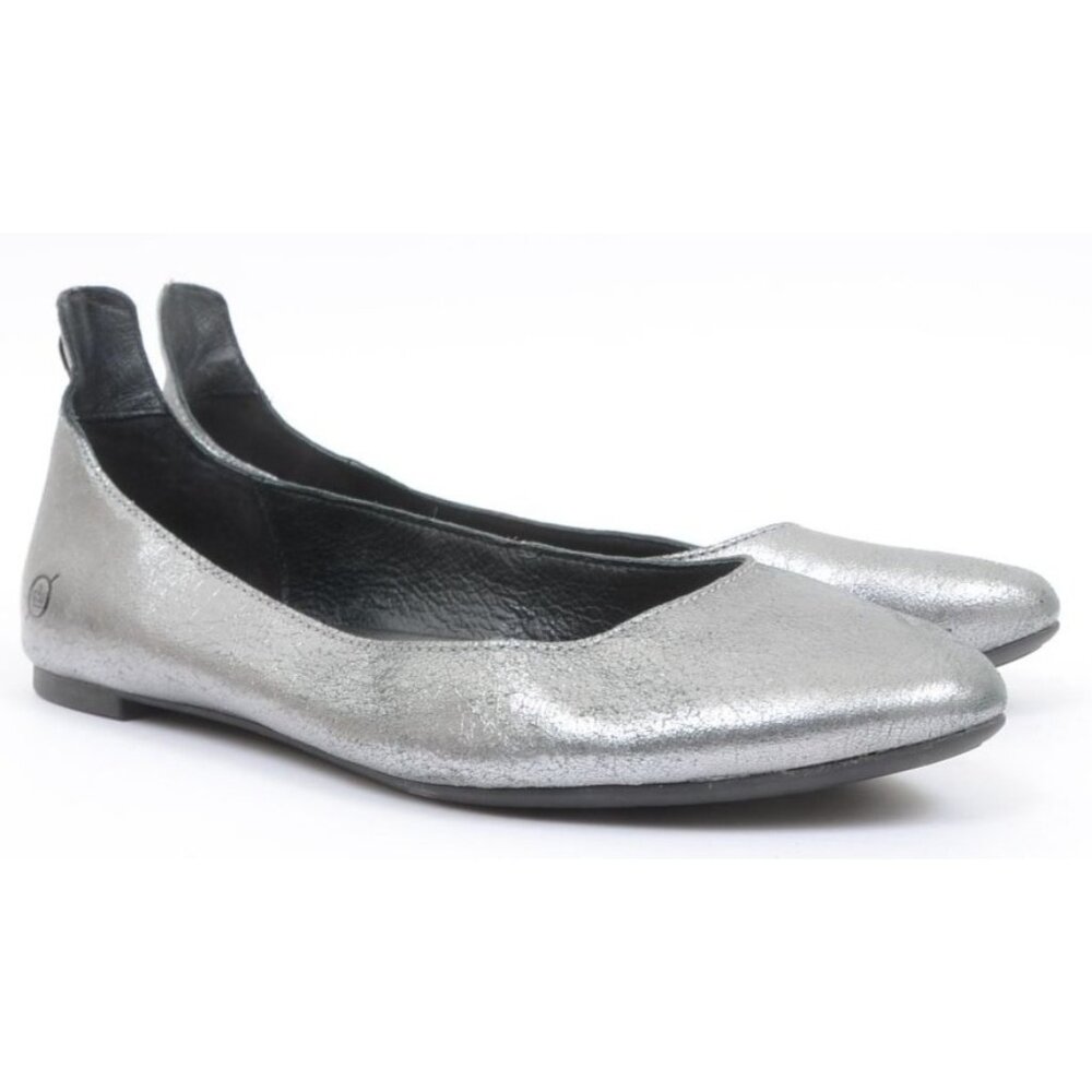 Born Women's 8B Silver Metallic Leather Ballet Flats Pointed Toe Fairy Comfy